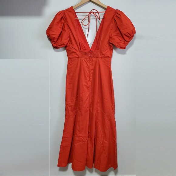 ABERCROMBIE & FITCH NWT Puff Sleeve Slim Poplin Midi Dress V-Neck Red Women's XS - Picture 5 of 16